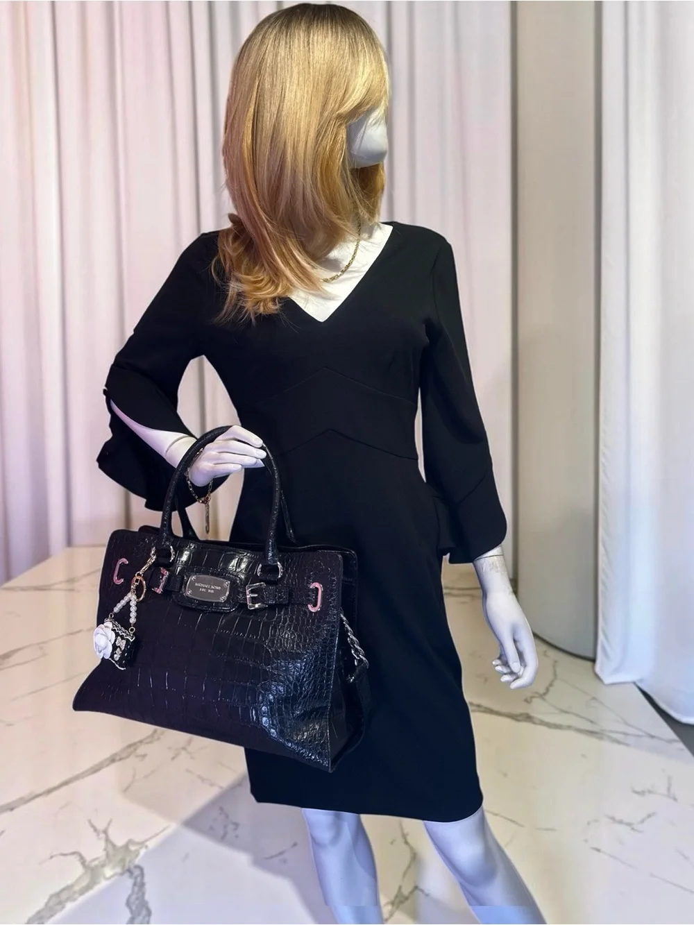 MICHAEL Michael Kors Hamilton Black Croc-Embossed Leather Satchel Shoulder Bag